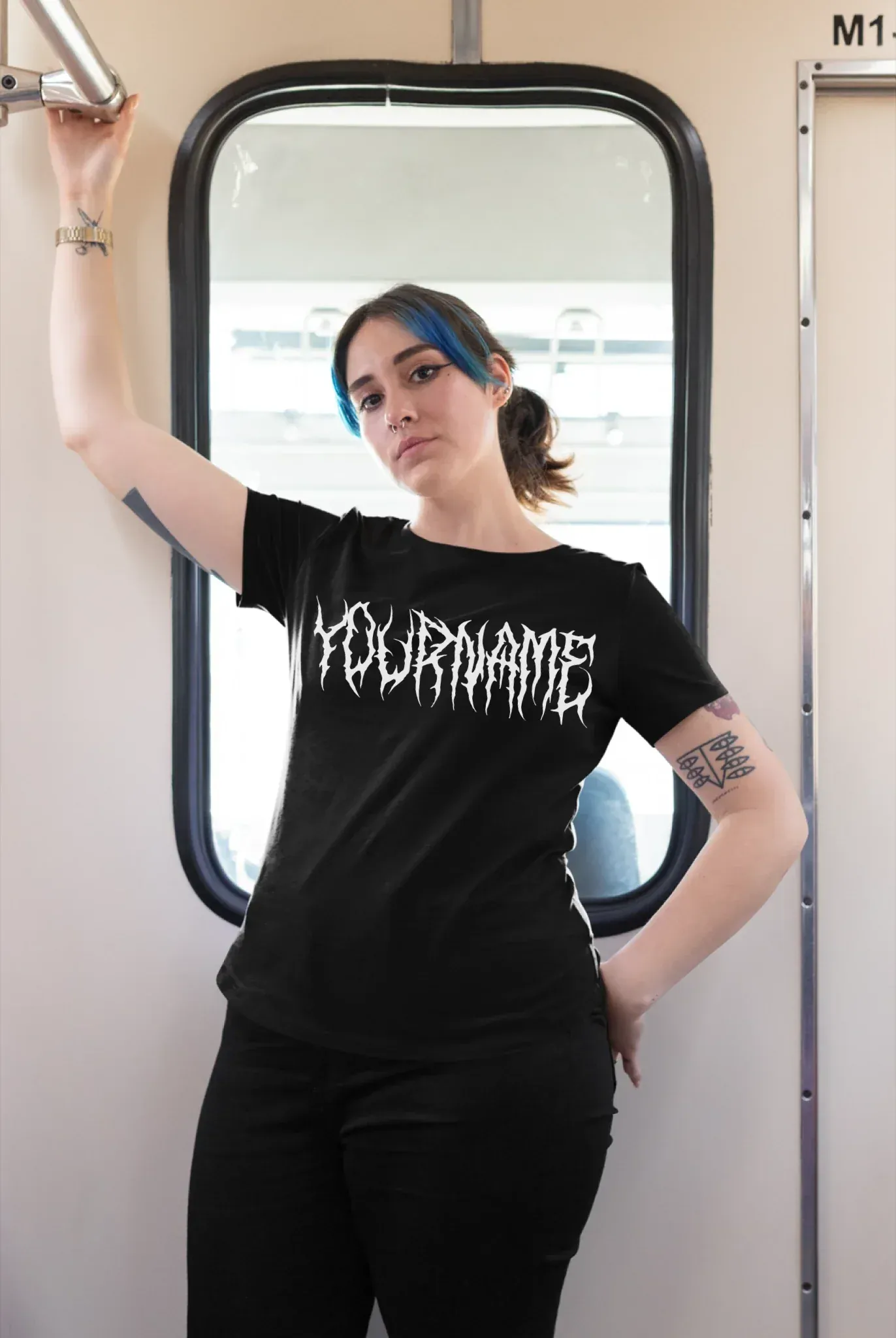 plus-size-tee-mockup-of-a-girl-with-a-nose-piercing-riding-the-train-25470